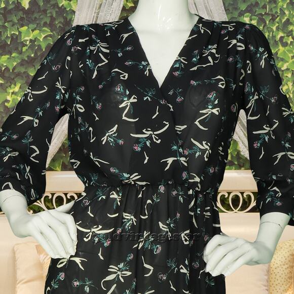 Vintage JT Dress Black Grey Floral Print Dress M - Picture 5 of 8